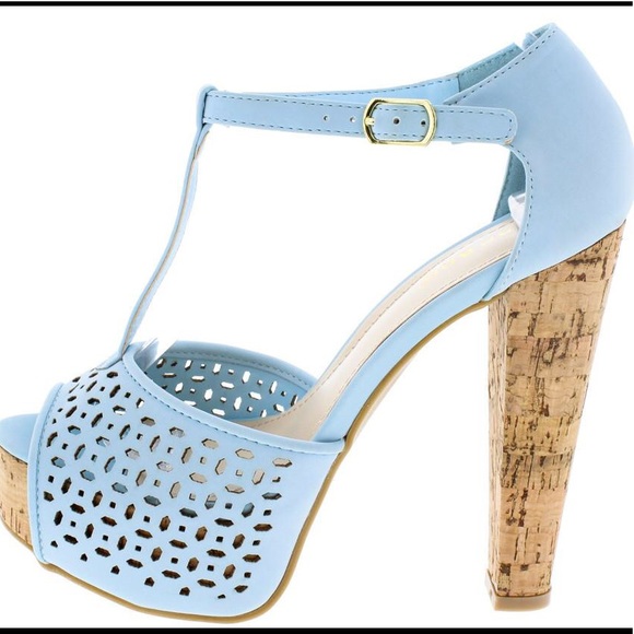 🎉Restocked🎉 Baby Blue Nubuck Ankle Strap Cork High Heeled Platform Sandals - Picture 3 of 3